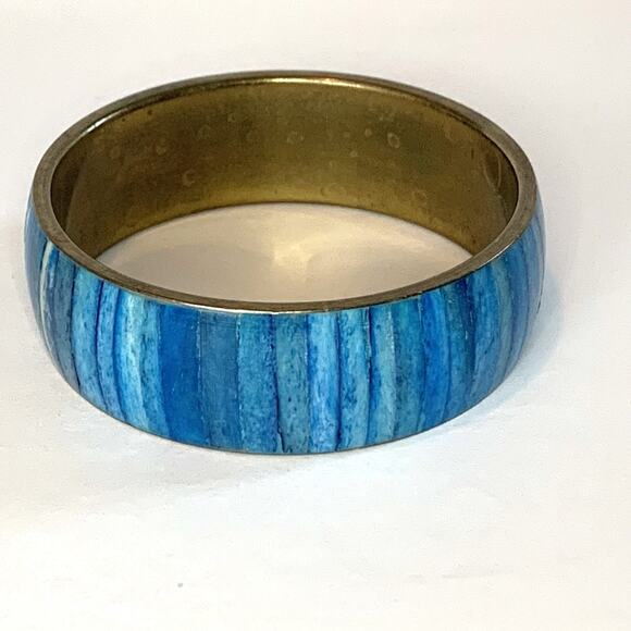 Vintage Jewelry - Vintage Brass & Shell Bracelet Blue Chunky Wide Bangle 80's Chic Bold Retro